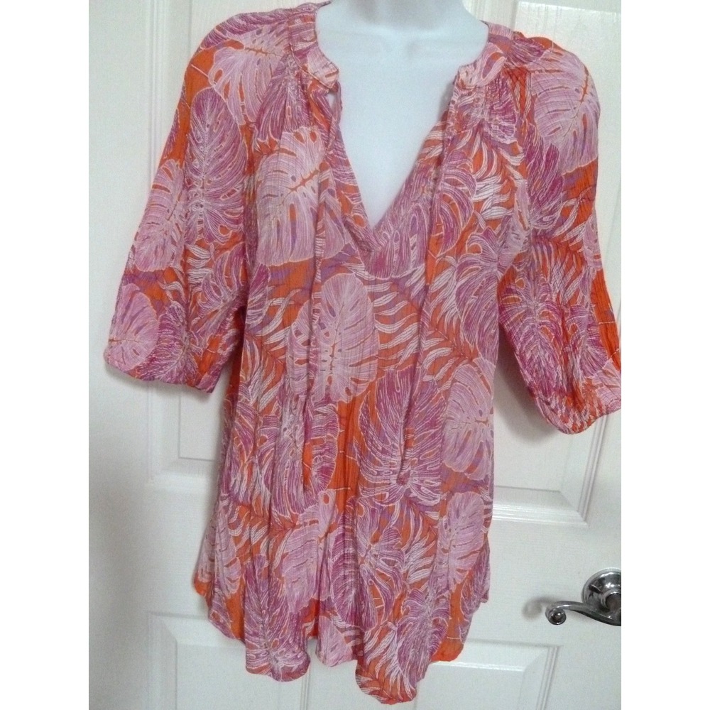 By Design Women Medium Gauzy Tropical Floral V-Neck Beach Pullover Blouse Orange